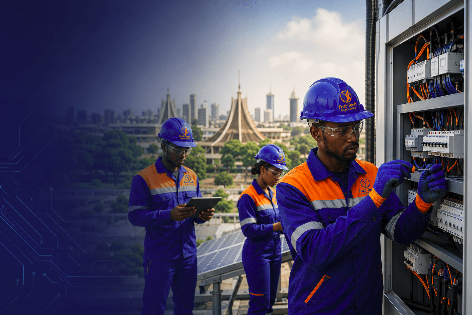 Équipe Fast-Tech Engineering — techniciens sur chantier électrique et solaire